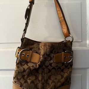 Tan and Brown Monogram Shoulder Bag with Leather Trim